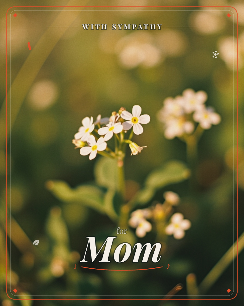A close-up of small white forget-me-not-like flowers with yellow centres, clustered on a slender green stem in soft focus, a sympathy e-card design