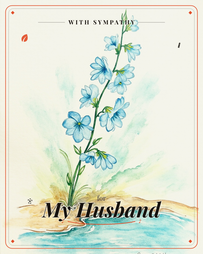 A single tall stem of blue bell-shaped flowers rises from a sandy bank beside a curving strip of turquoise water, with a soft wash of yellow and green…, a sympathy e-card design
