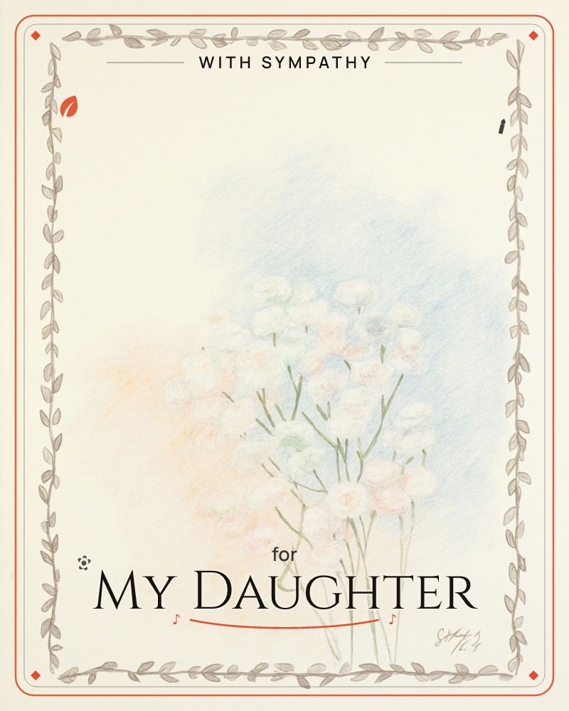 A cluster of small white blossoms on slender green stems sits against a soft cloud of blue and peach shading, framed by a delicate hand-drawn vine…, a sympathy e-card design