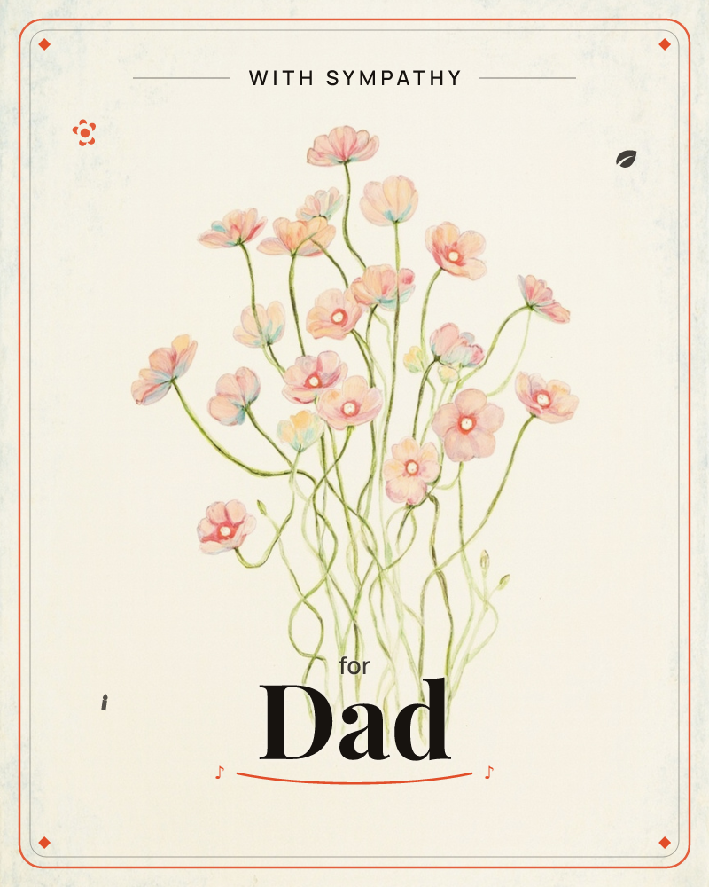 A loose bunch of small pink poppy-like flowers rises on thin, curling green stems from the base of the page, set against a soft cream background, a sympathy e-card design