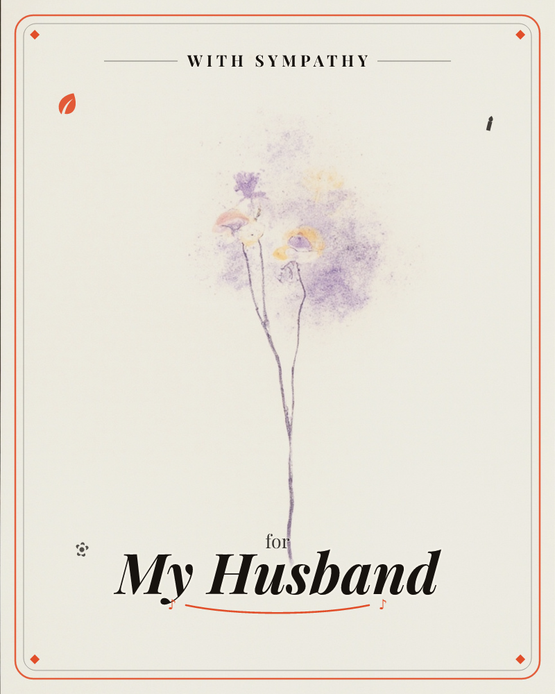 A single slender stem splits into two thin lines rising up a plain cream page, topped with a few loose flower heads in soft peach and pale yellow, a sympathy e-card design