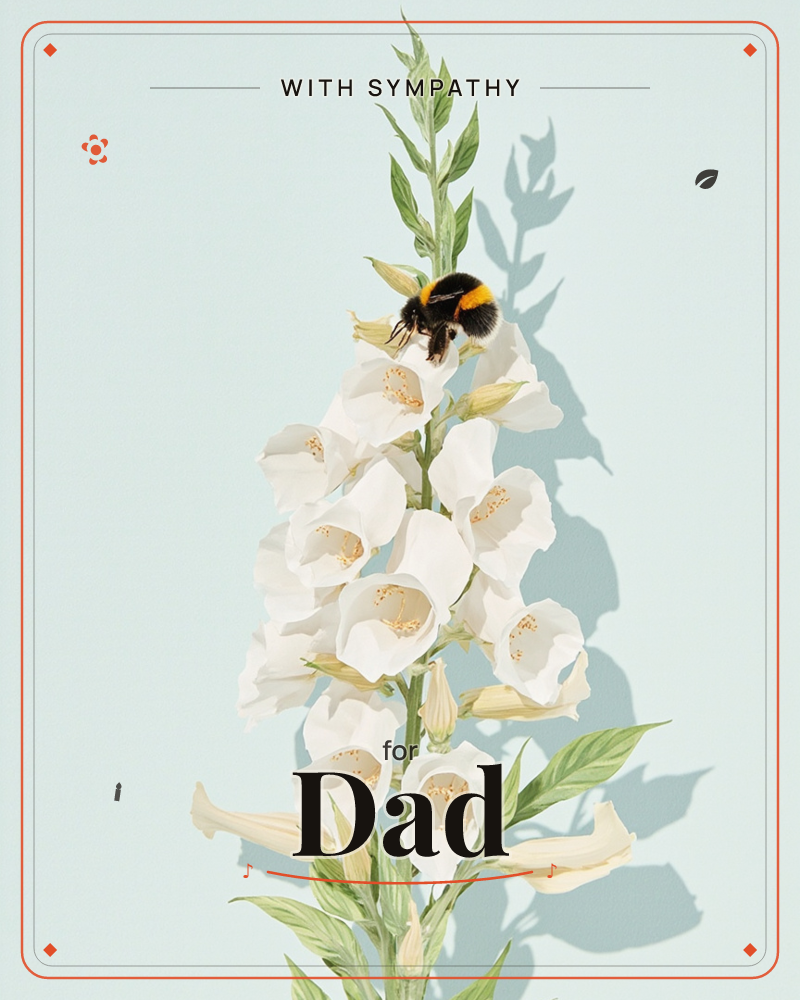 A tall spike of white foxglove flowers stands against a pale mint-blue background, its bell-shaped blooms speckled with soft freckles inside, a sympathy e-card design