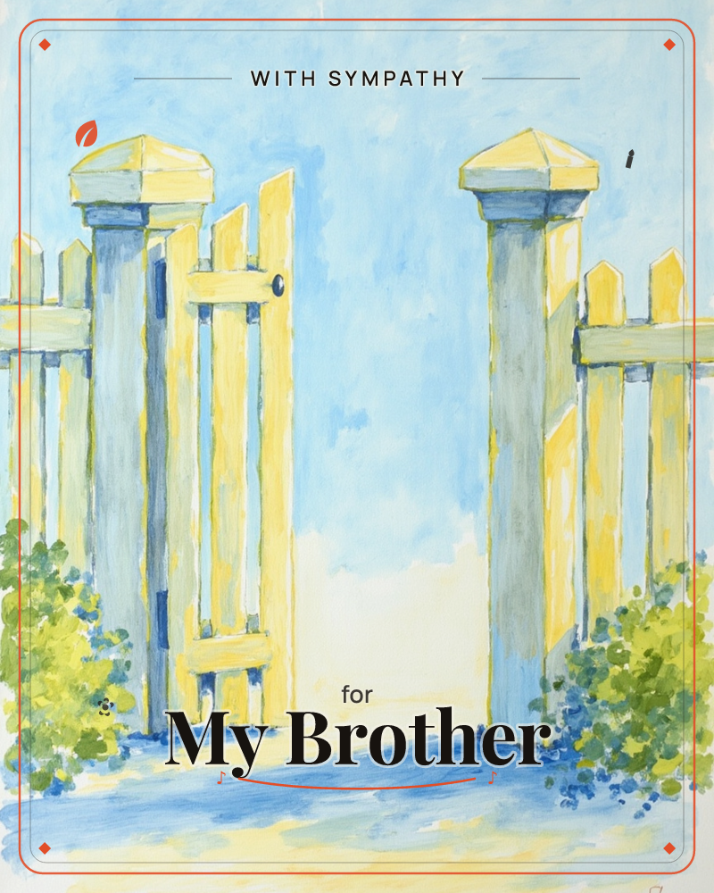A painted picket gate stands open between two tall posts, framed by soft green shrubs and washed in bright blue sky, a sympathy e-card design