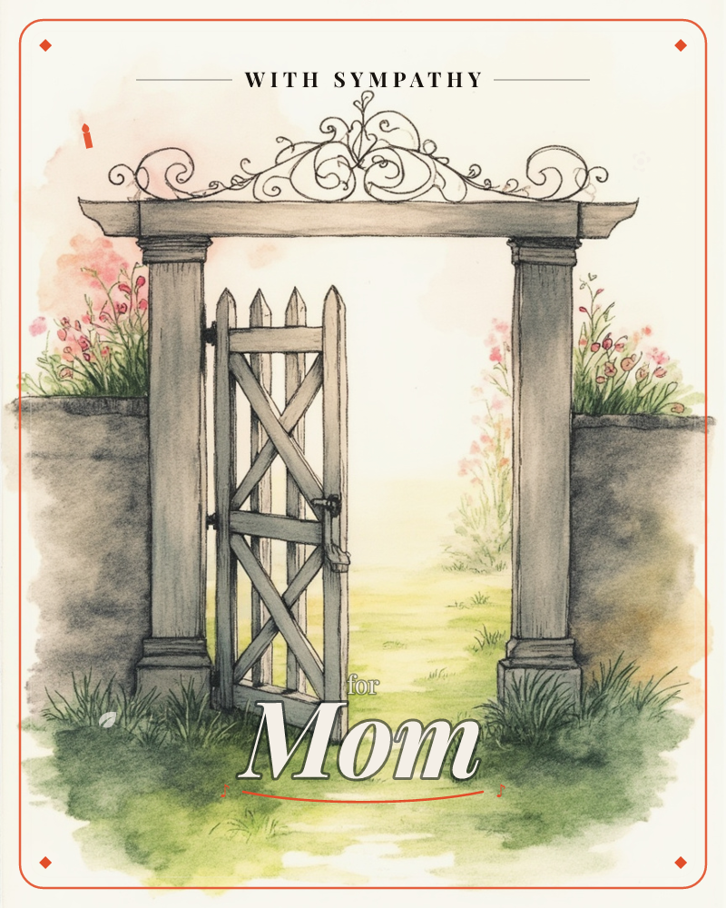 A wooden garden gate stands ajar between two stone pillars topped with a delicate wrought-iron scroll arch, a sympathy e-card design