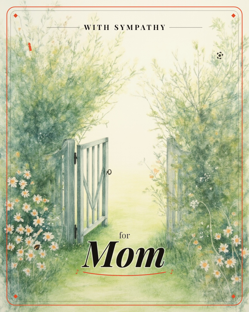 A weathered wooden gate stands open between two overgrown hedges, framed by daisies and small pink blossoms along the path, a sympathy e-card design