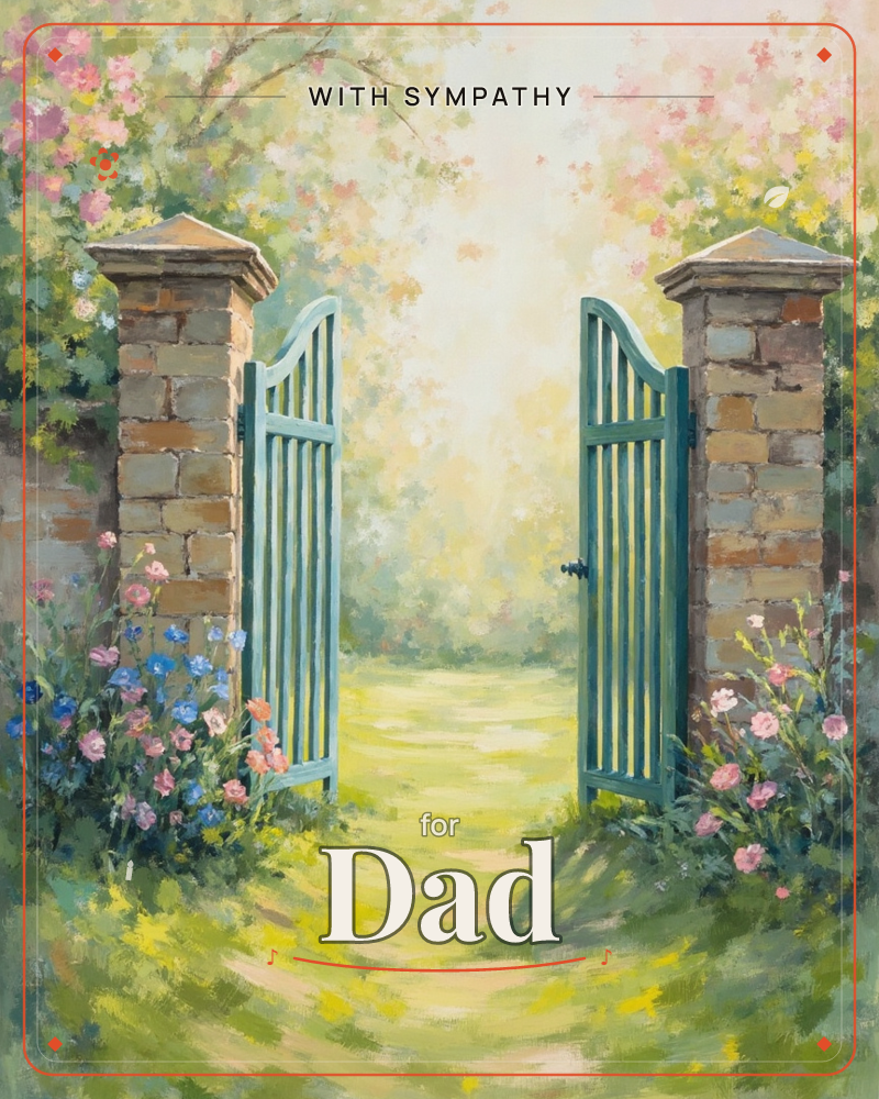 An open teal garden gate stands between two stone pillars, flanked by clusters of pink and blue blossoms and framed by overhanging trees in soft pink…, a sympathy e-card design