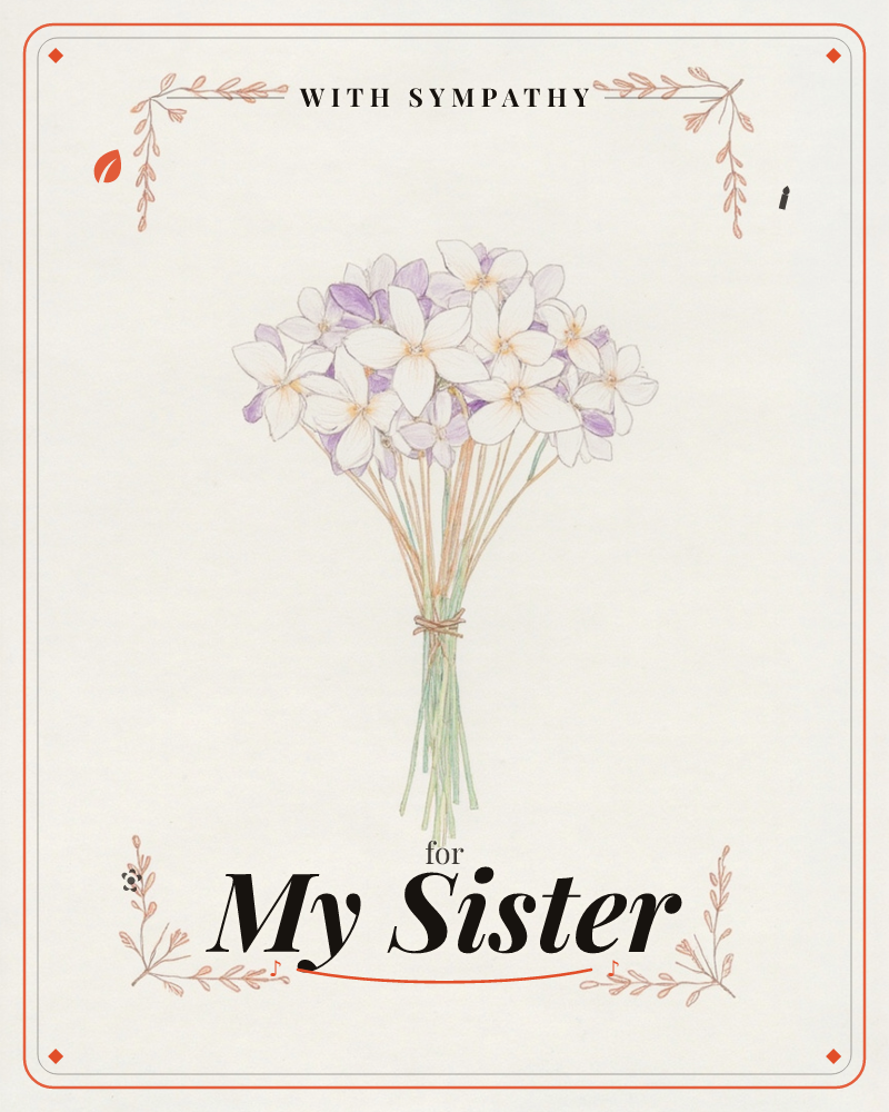 A hand-drawn bouquet of white and lavender star-shaped blossoms sits centred on a soft cream page, its long stems gathered and tied with a simple red…, a sympathy e-card design
