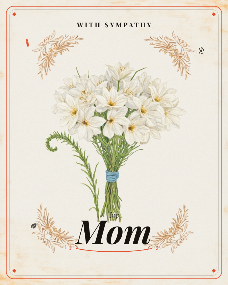 A gathered bouquet of white star-shaped flowers with golden centres sits tied with a pale blue ribbon, a curled fern frond looping beside the stems, a sympathy e-card design
