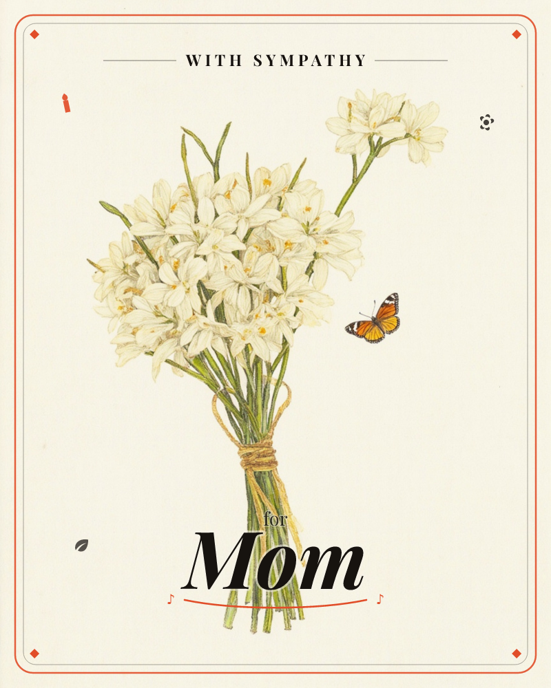 A hand-tied bouquet of white narcissus flowers, stems bound with a loose twine bow, stands against a plain cream background, a sympathy e-card design