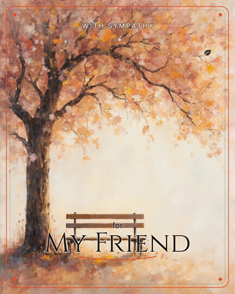 A solitary wooden bench sits beneath a sprawling tree whose branches are heavy with autumn leaves in rust, gold, and blush pink, a sympathy e-card design