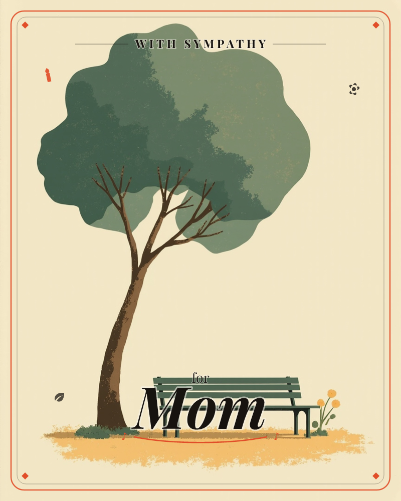 A single leaning tree with a soft, cloud-like canopy of layered green shades over an empty park bench, set against a warm cream vignette that darkens…, a sympathy e-card design