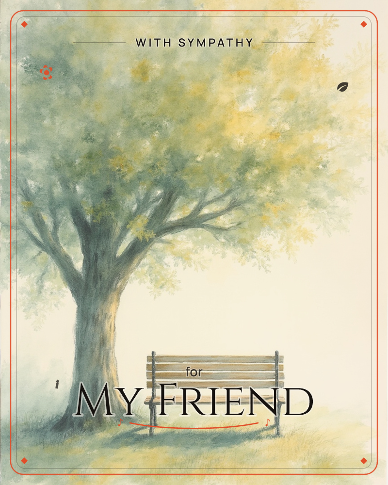 A large tree with soft green and gold-tinged leaves spreads its canopy over an empty wooden bench, set against a hazy, glowing background that fades to…, a sympathy e-card design