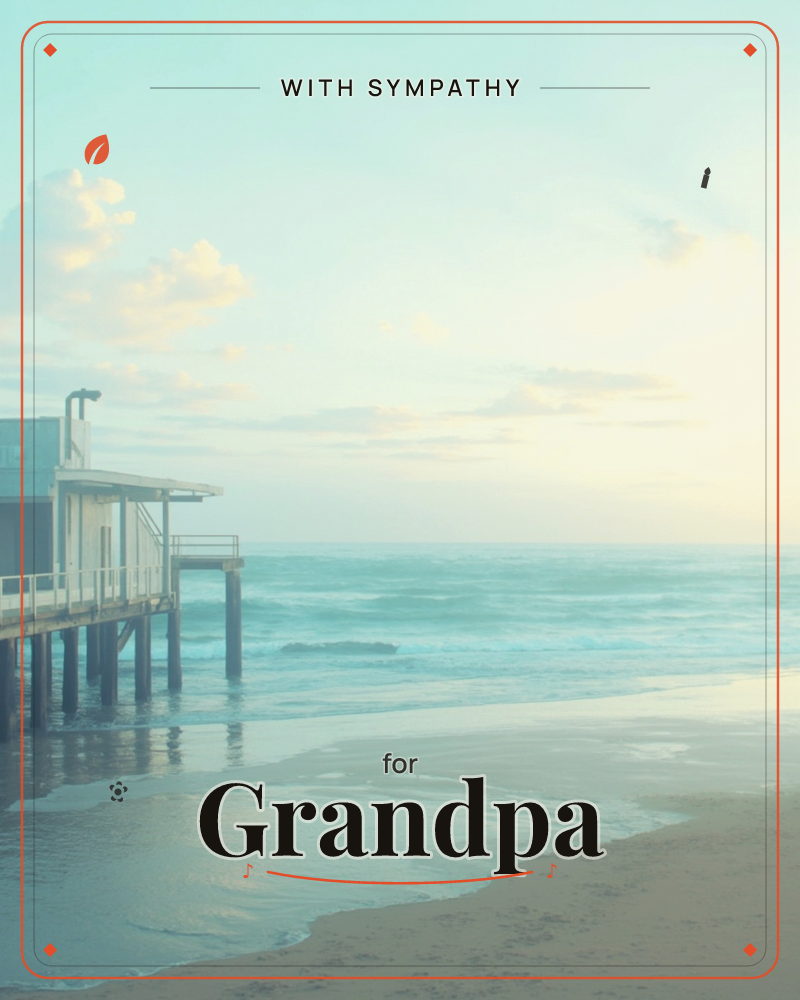 A weathered stilt house perches over the shoreline as gentle waves roll onto wet sand, with a hazy sky washed in soft blue and cream at either dawn or…, a sympathy e-card design