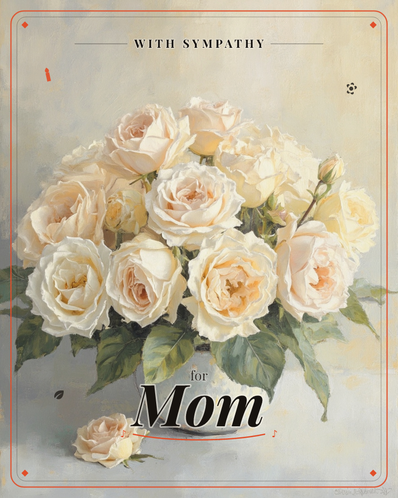 A full, rounded bouquet of cream and blush roses sits in a speckled stoneware vase against a softly mottled grey-beige backdrop, a sympathy e-card design