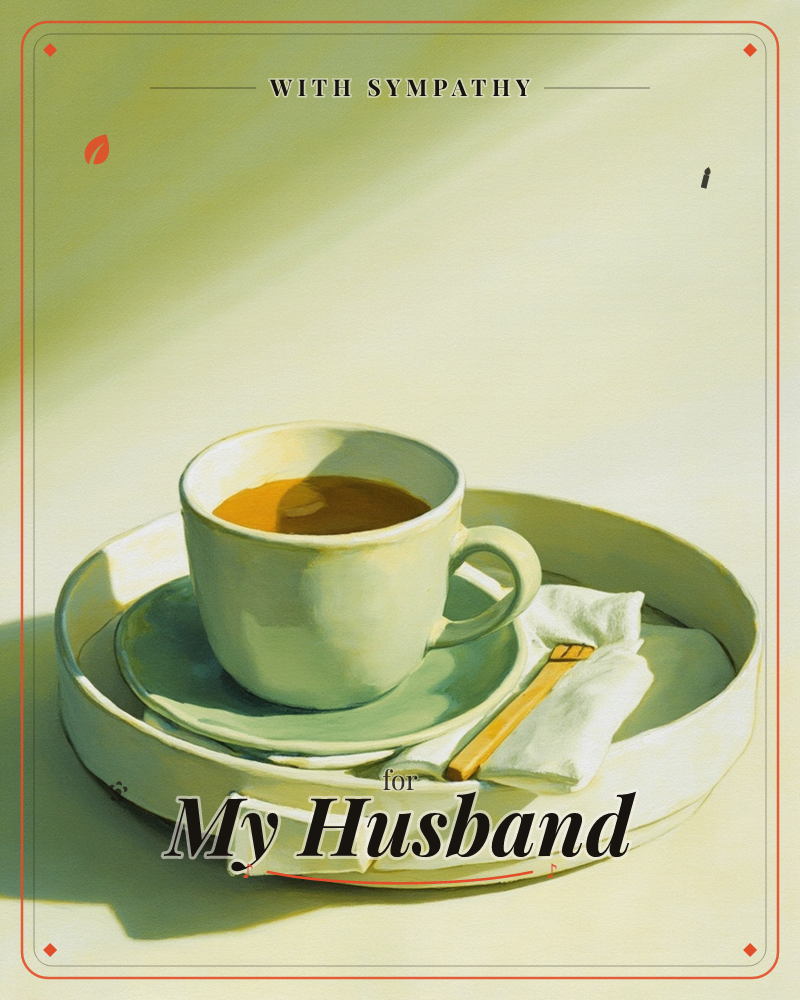 A single cup of dark tea or coffee sits on a saucer atop a round tray, alongside a folded white napkin and a wrapped sugar stick or biscuit, a sympathy e-card design