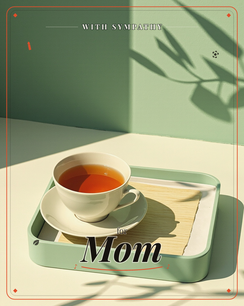 A white teacup filled with amber tea sits on its saucer atop a small woven mat, resting on a sage-green tray against a matching sage wall, a sympathy e-card design