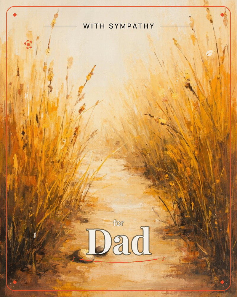 A sandy path cuts through tall golden reeds and dune grass, leading toward a hazy, luminous horizon, a sympathy e-card design