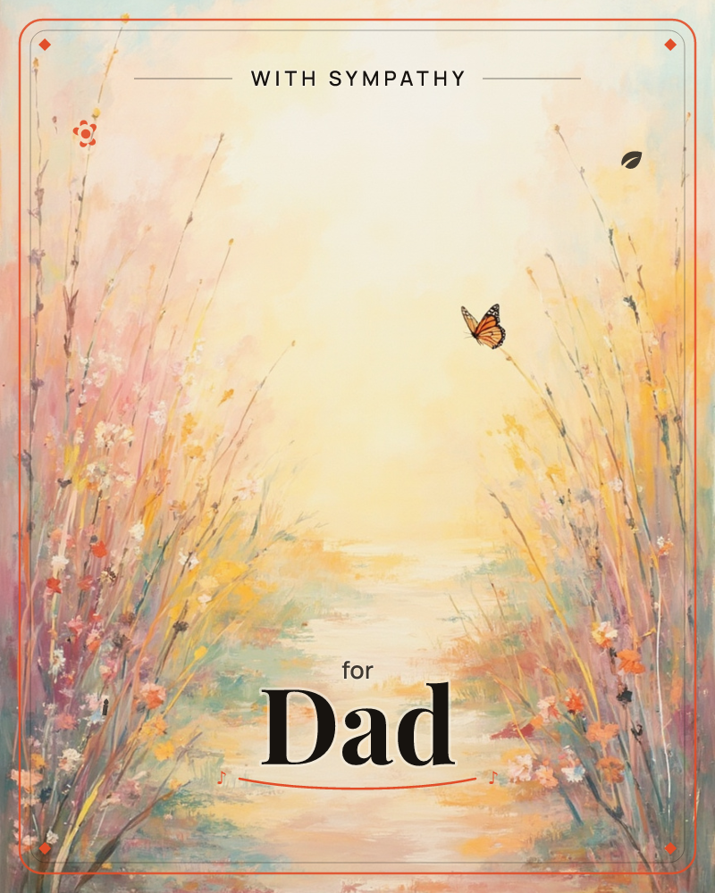 A soft, sunlit path glows between tall wildflower stems and grasses in gentle bloom, leading toward a hazy horizon of pale gold light, a sympathy e-card design