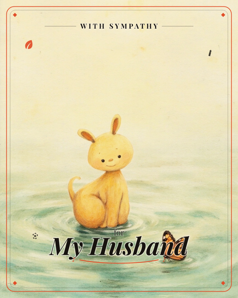 A small yellow bunny-eared creature sits patiently in shallow water, gentle ripples circling out around its paws, while a monarch butterfly rests…, a sympathy e-card design