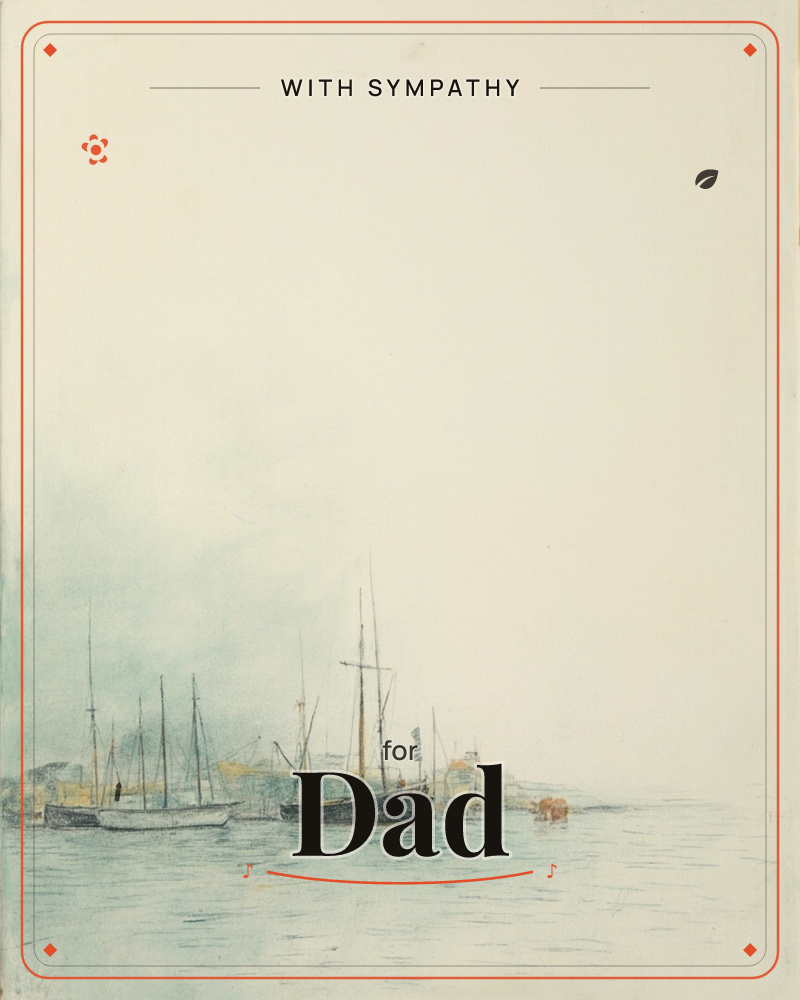 A quiet harbour scene rendered in pale washes, with a cluster of masted sailboats moored along a low waterline and a hazy town sketched faintly behind…, a sympathy e-card design