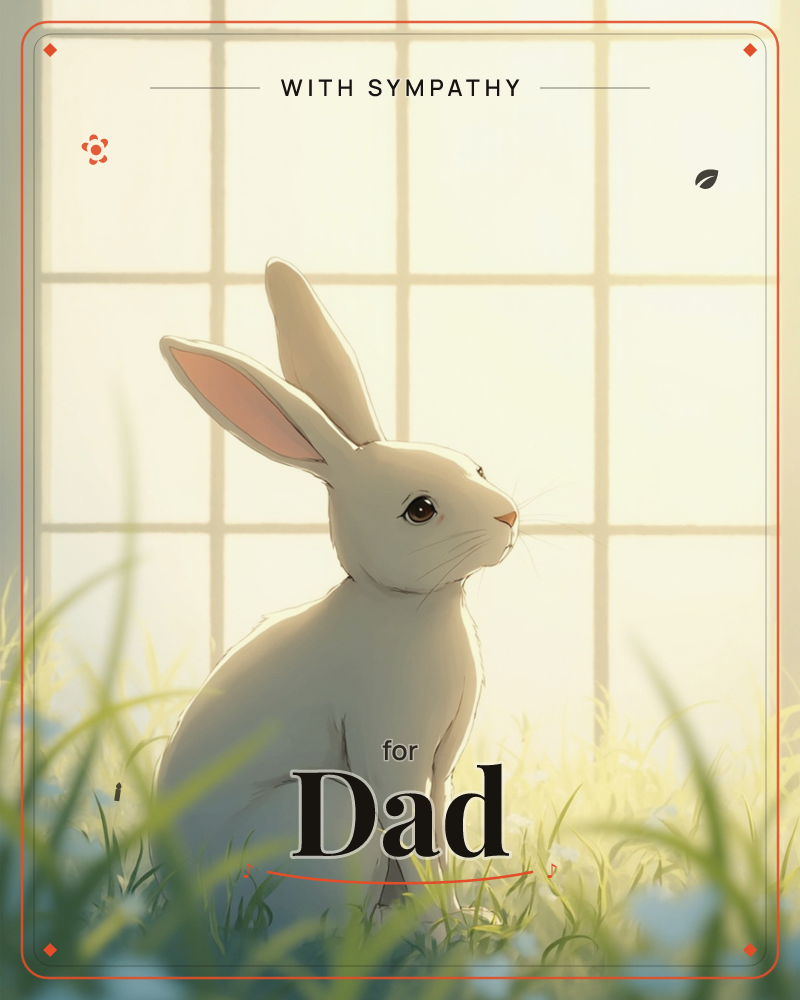A white rabbit sits upright in soft grass, ears alert, gazing off to the side as pale golden light pours through a paned window behind it, a sympathy e-card design