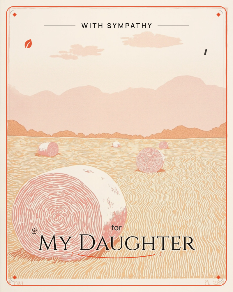 A stylised harvest field is scattered with round hay bales, their spiralled ends rendered in soft pink against golden furrowed ground, a sympathy e-card design