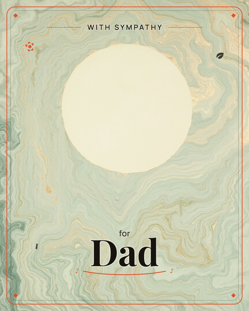 A pale cream circle sits like a moon against swirling marbled waves of sage and jade green, threaded through with fine ribbons of gold, a sympathy e-card design