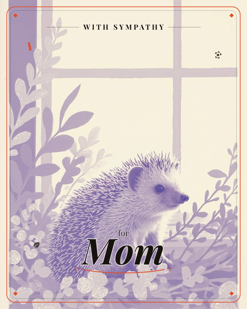 A hedgehog sits on a windowsill surrounded by leafy sprigs and small clover-like flowers, rendered entirely in soft violet tones against a pale cream…, a sympathy e-card design