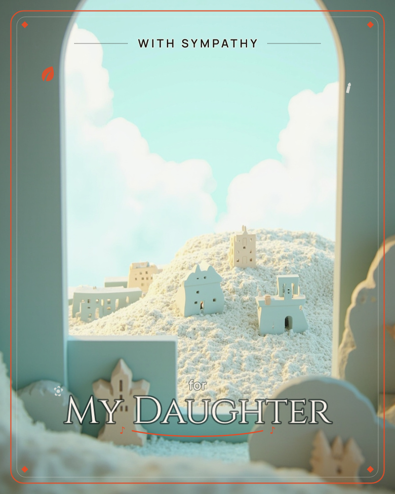 An arched window frames a diorama of small pale buildings scattered across a snow-dusted hillside, set against a soft blue sky with billowing clouds, a sympathy e-card design