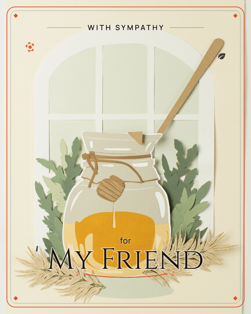 A paper-craft illustration shows a glass honey jar tied with twine and a wooden honey dipper, set before an arched, many-paned window with soft sage…, a sympathy e-card design