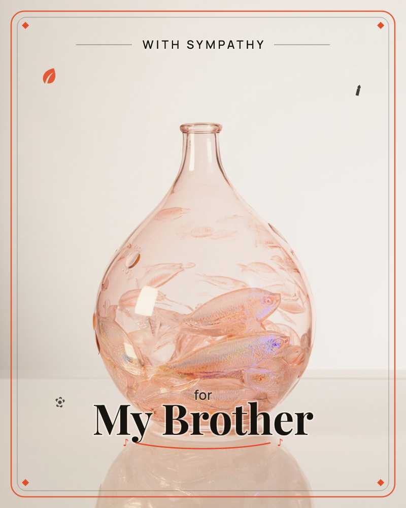 A round-bellied glass bottle in blush pink sits against a plain cream backdrop, its long slender neck catching the light, a sympathy e-card design
