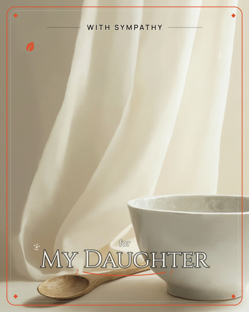 A soft cream curtain falls in loose folds beside a plain white ceramic bowl and a wooden spoon resting on a pale tabletop, a sympathy e-card design