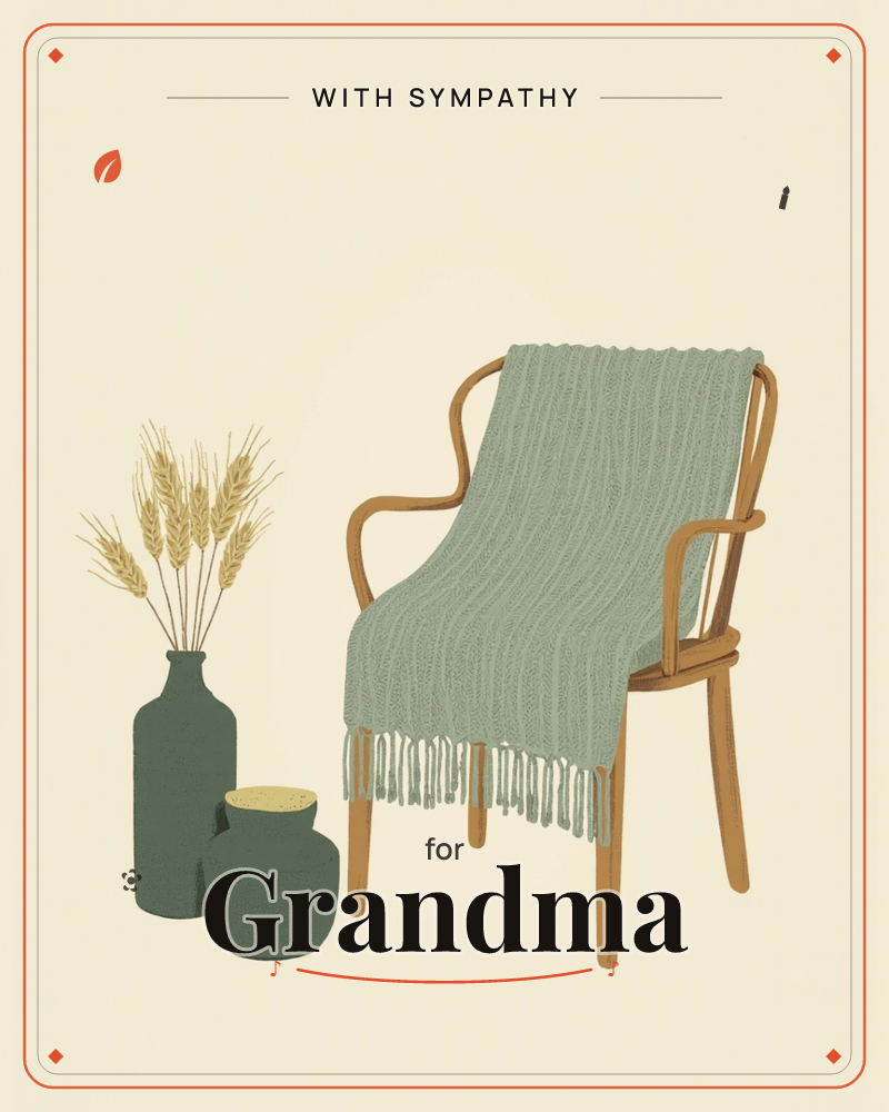 A wooden bentwood armchair holds a fringed sage-green knitted throw, its folds draped loosely over the arms and seat, a sympathy e-card design