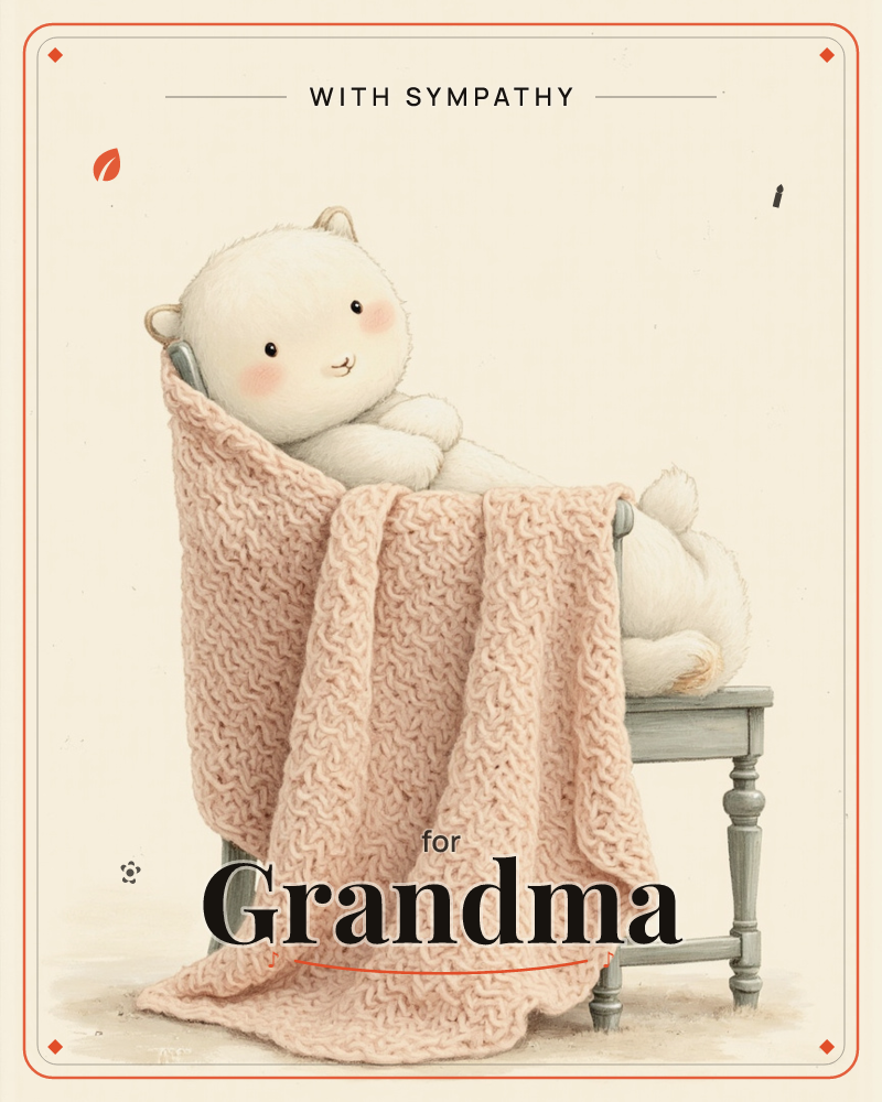 A round, fluffy white bear cub lies stretched out on a small painted grey chair, tucked under a chunky knitted pink blanket that spills down to the floor, a sympathy e-card design