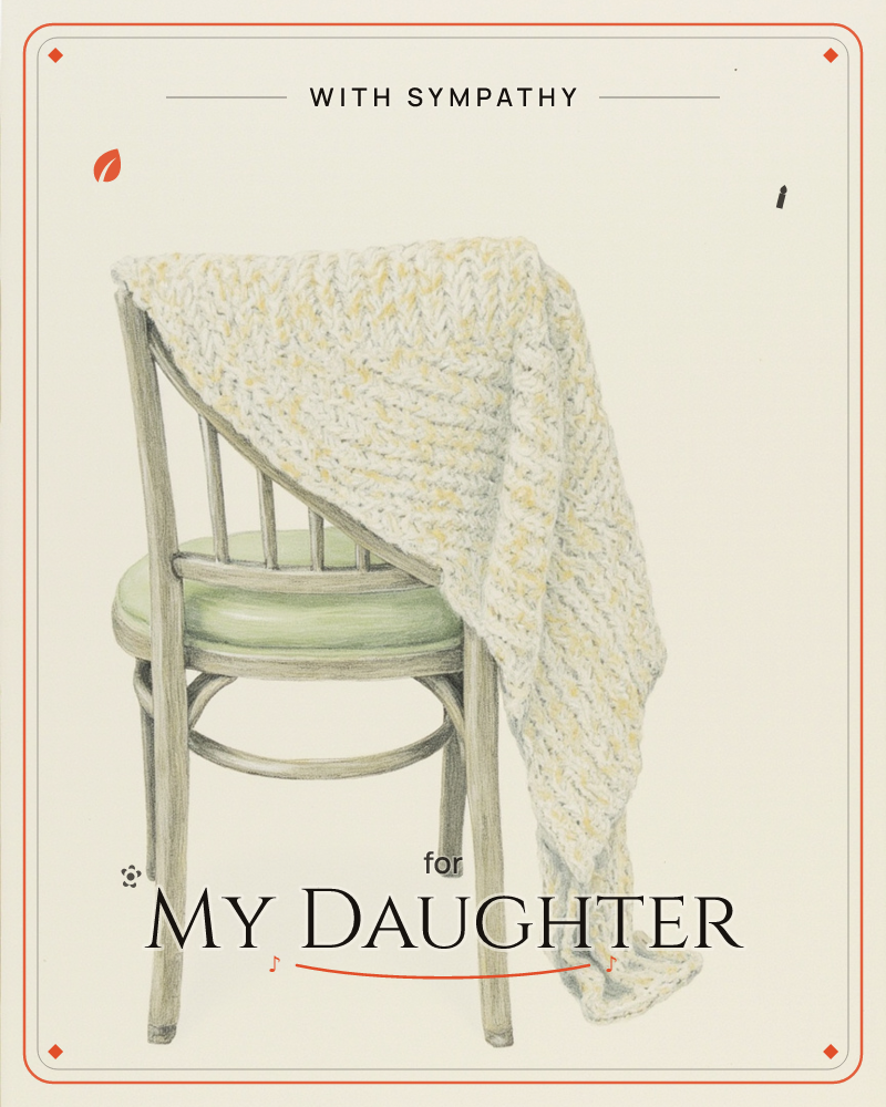 A wooden spindle-back chair with a pale green seat cushion stands alone, draped with a chunky knitted throw in cream and soft yellow flecks, a sympathy e-card design