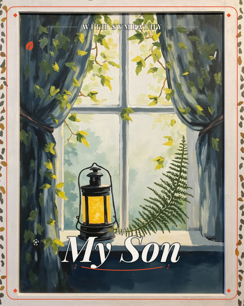 A painted windowsill scene shows a black lantern glowing amber beside a trailing fern, framed by heavy blue-grey curtains threaded with ivy leaves, a sympathy e-card design