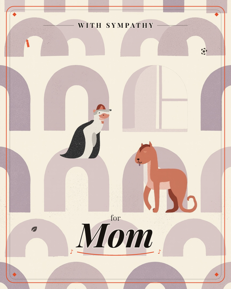 A repeating pattern of mauve arches covers the page like tiled rooftops, broken by one arched window and two quirky animals perched among the curves, …, a sympathy e-card design