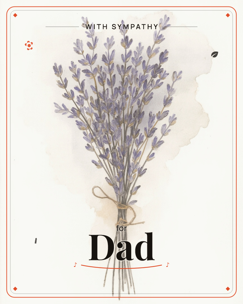 A hand-tied bundle of lavender stems stands upright against a pale, softly stained background, its slender stalks gathered with a simple twine bow, a sympathy e-card design