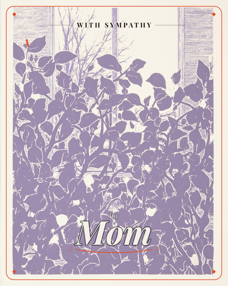 A dense leafy plant fills a windowsill, its branching stems and rounded leaves printed in a single dusty purple against cream paper, a sympathy e-card design