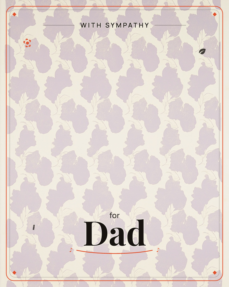 A repeating pattern of soft lavender leaf-like blotches sits across a cream background, each shape paired with a thin gold-outlined sprig underneath, a sympathy e-card design