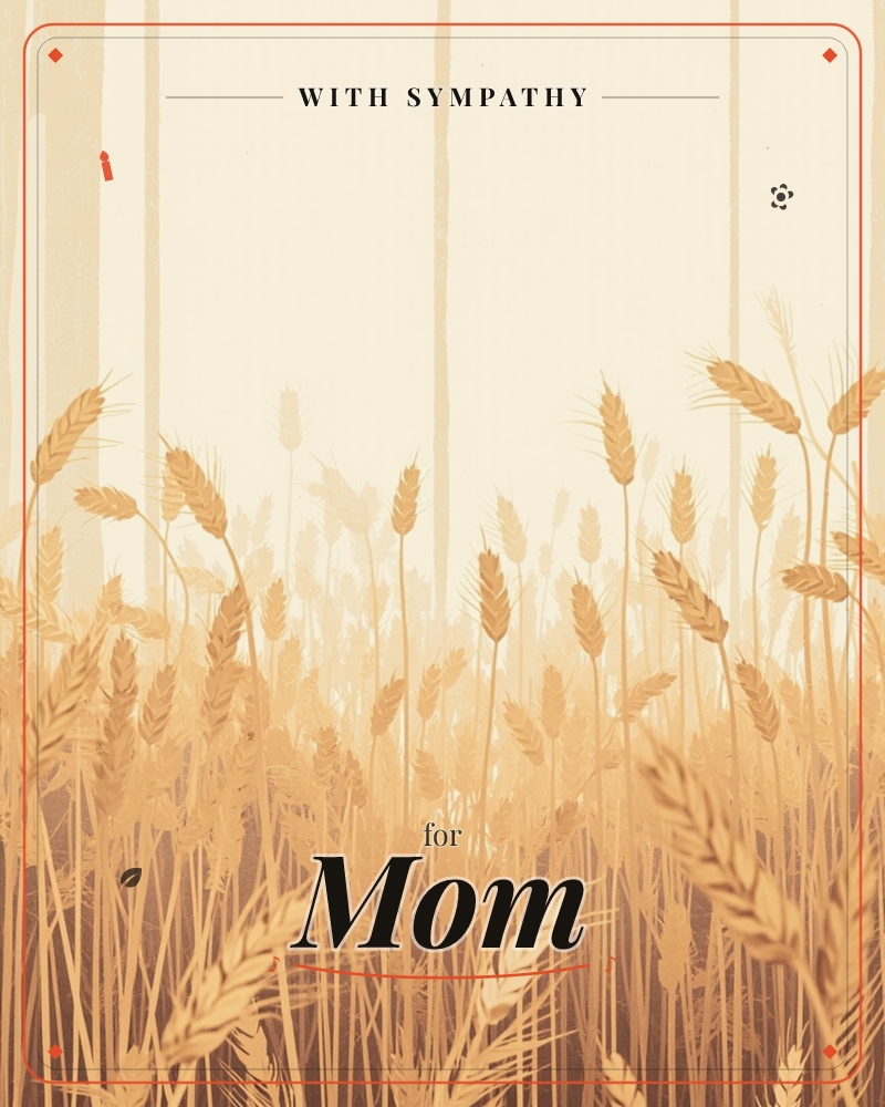 A dense field of golden wheat fills the lower half of the card, its slender stalks and bearded heads rendered in layered amber tones, a sympathy e-card design