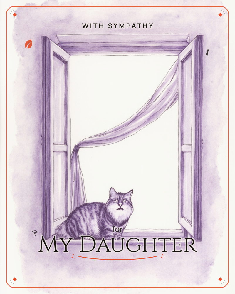 A tabby cat sits on a windowsill inside an open shuttered window, gazing upward while a curtain is looped and tied to one side, a sympathy e-card design