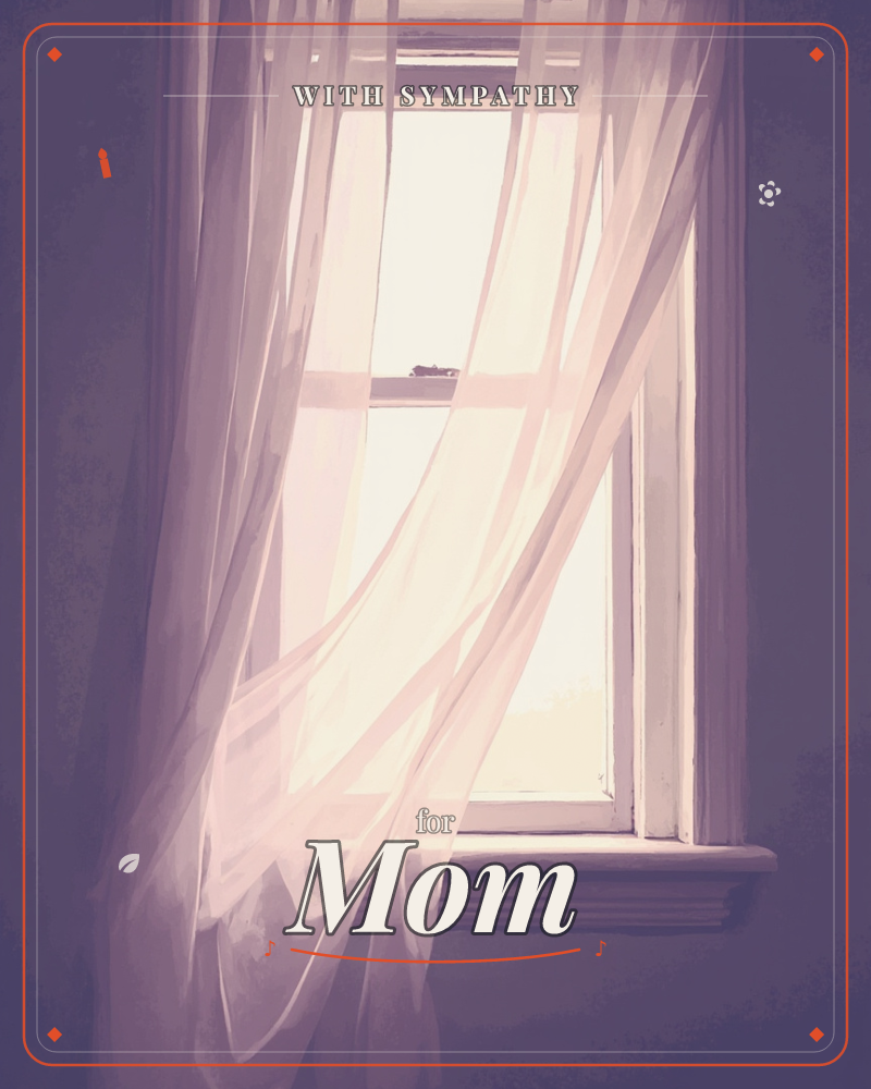 A sheer white curtain billows across an open window as soft daylight pours through, catching every fold in a warm, hazy glow, a sympathy e-card design