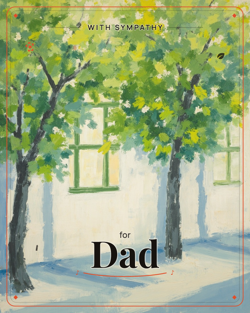 Two leafy trees stand in front of a pale cream building with green-shuttered windows, their branches thick with dappled yellow-green foliage, a sympathy e-card design