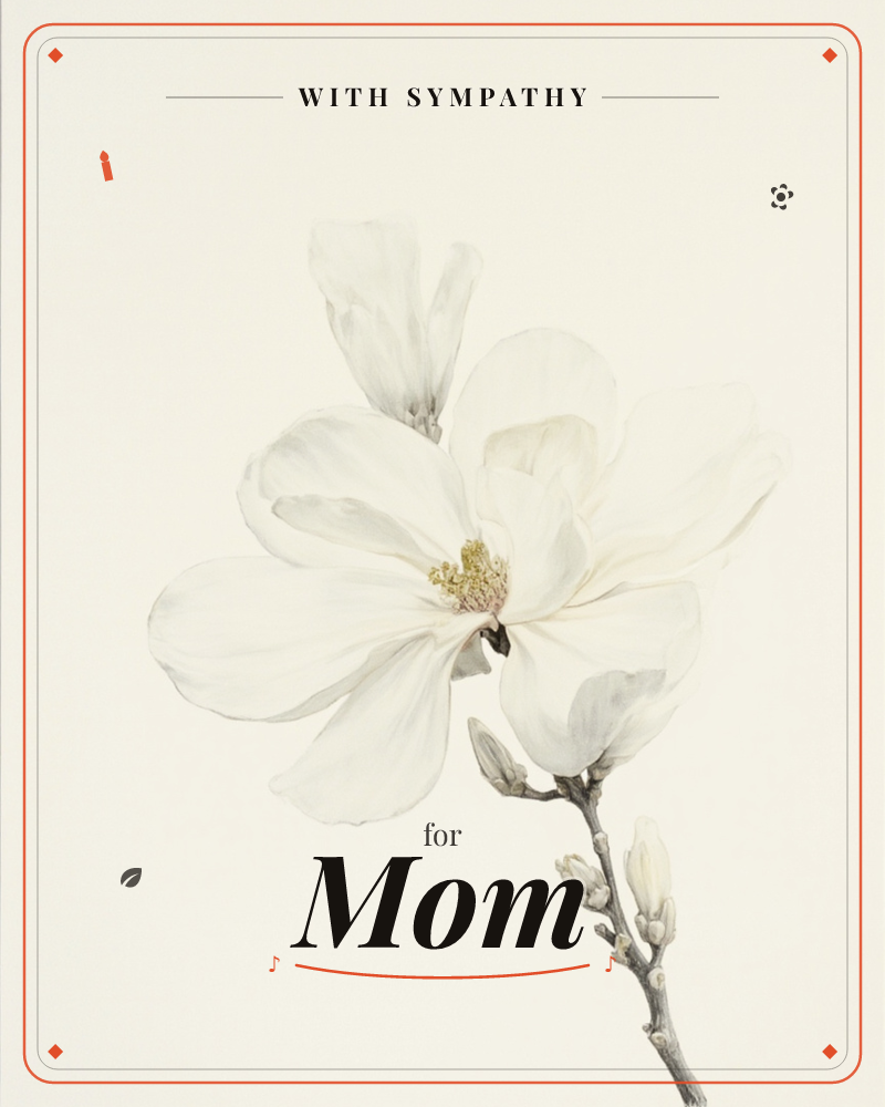 A single magnolia bloom opens fully on a slender branch, its pale petals unfurling around a soft golden centre, a sympathy e-card design