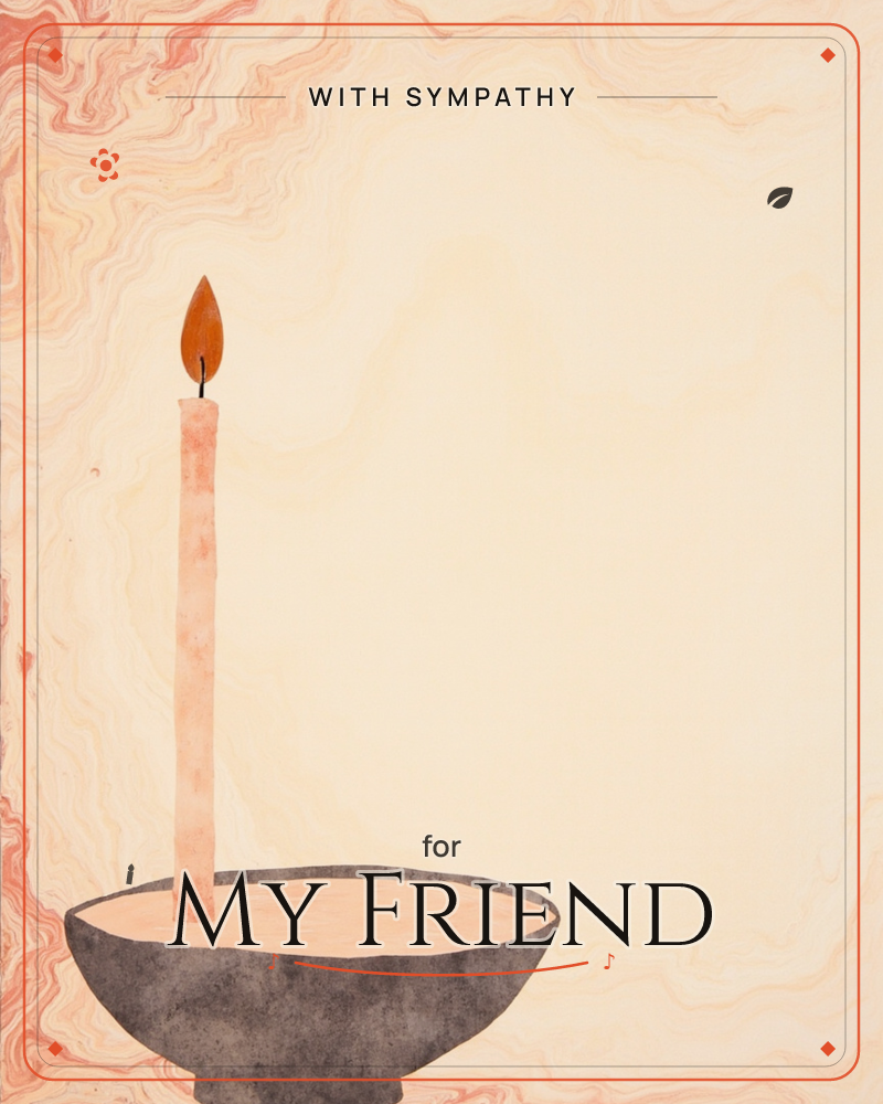 A single tall candle burns steadily in a dark, weighty bowl, set against a marbled backdrop of swirling peach, coral and cream tones, a sympathy e-card design