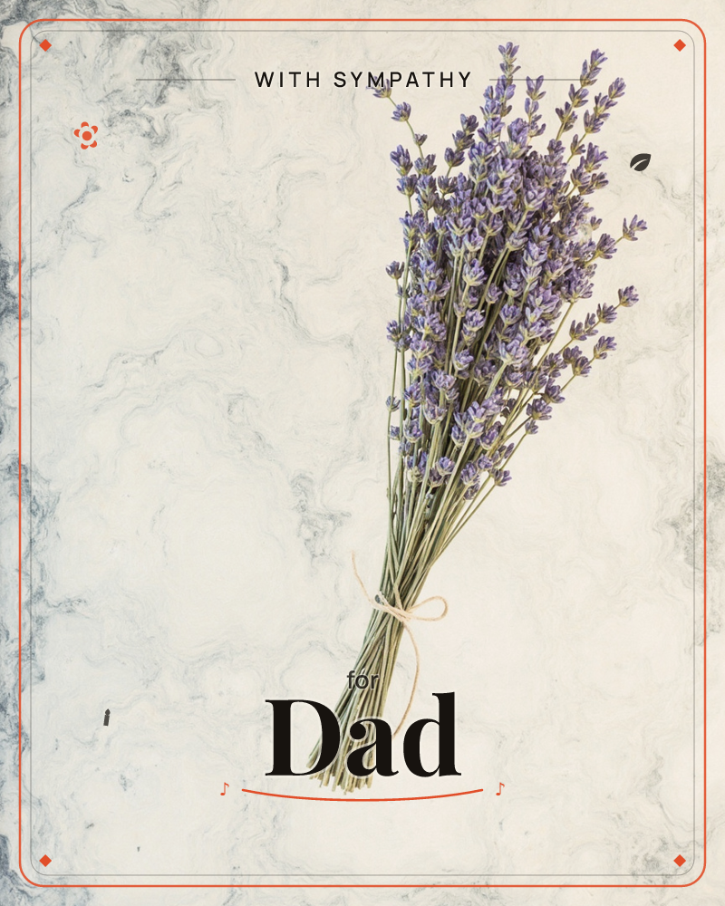 A simple bundle of dried lavender stems, tied with a slim twine bow, lies against a pale marbled background with soft vignette shadows at the edges, a sympathy e-card design