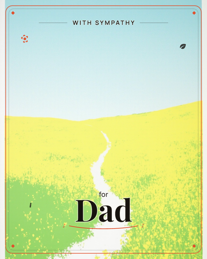 A pale winding path cuts through a golden-yellow field beneath a wide, softly hazy sky, curving up and over a gentle hill until it vanishes from view, a sympathy e-card design