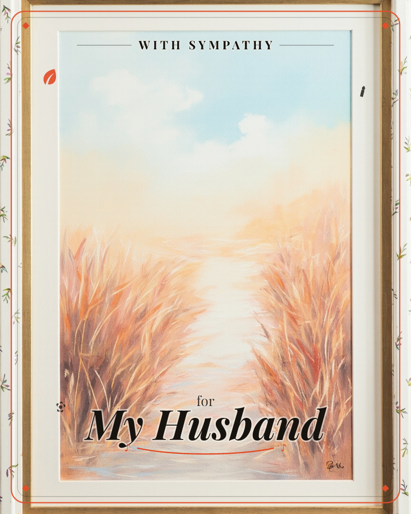 A framed painting shows a sandy path or shoreline opening between tall golden marsh grasses, leading toward a soft blue sky dotted with clouds, a sympathy e-card design