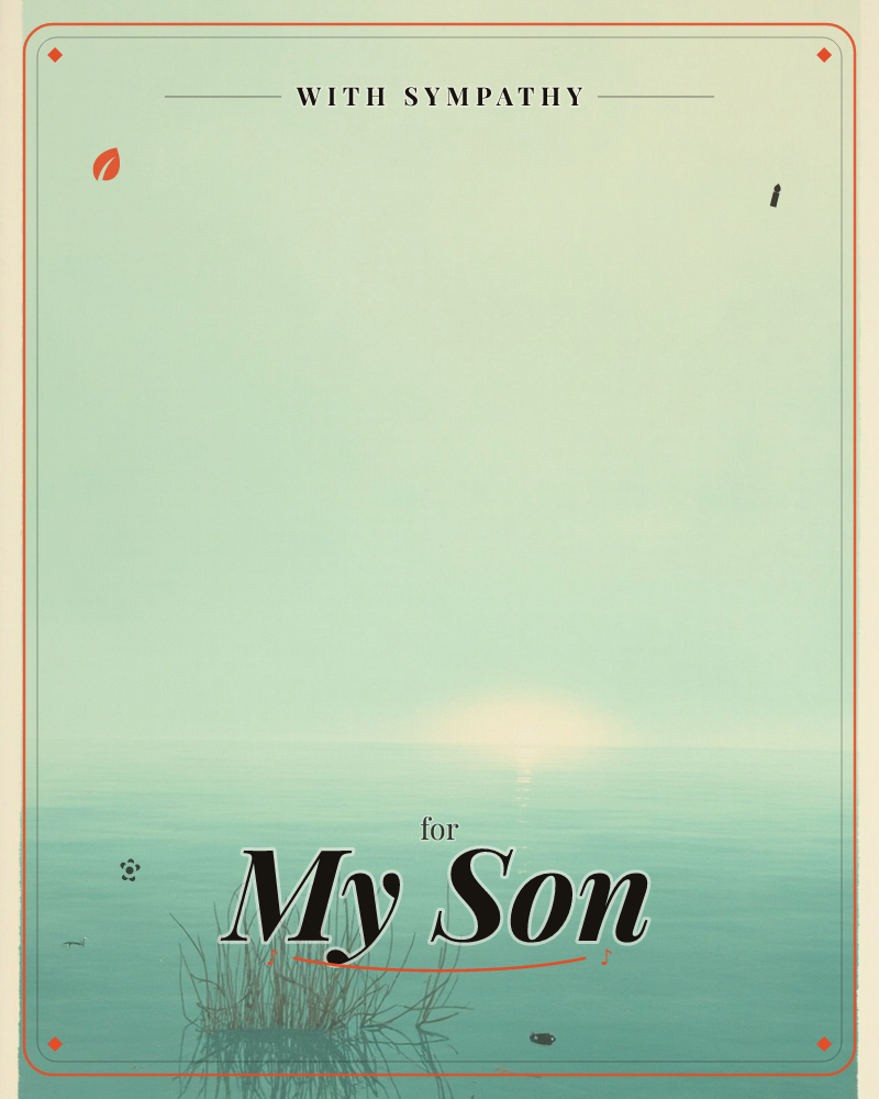 A hazy sun sits low on the horizon, its pale glow bleeding into a still sea and a soft, misty sky, a sympathy e-card design